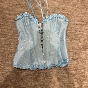 silk baby blue corset with flowery designs
